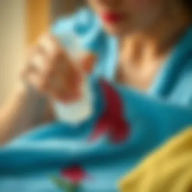 A person delicately applying a cleaning solution to a stained fabric