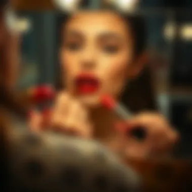 Woman applying open red lipstick in front of a mirror