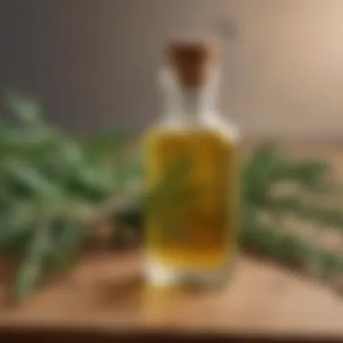 A bottle of rosemary oil placed on a wooden surface with sprigs of rosemary