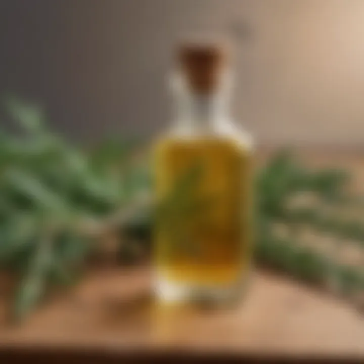 A bottle of rosemary oil placed on a wooden surface with sprigs of rosemary