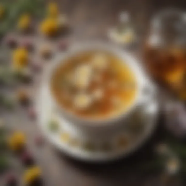 A cup of chamomile tea surrounded by dried flowers