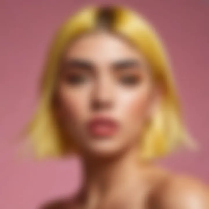 Artistic representation of Dua Lipa with yellow hair against a colorful backdrop.