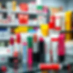 A variety of lip balms displayed on a pharmacy shelf