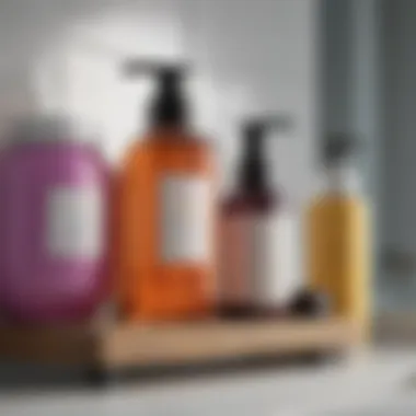 Hair care products lined up on a bathroom shelf