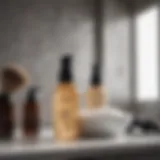 A bottle of hair foam on a vanity with dry hair brushes