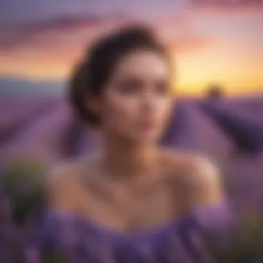 A serene setting featuring lavender fields and a sunset