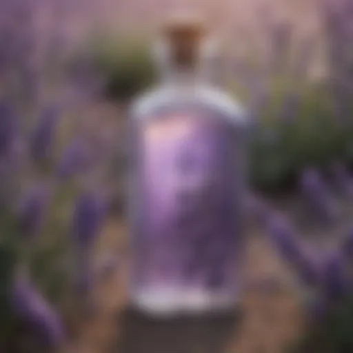 Lavender water in a glass bottle surrounded by lavender flowers