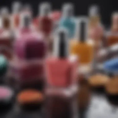 A close-up of beauty products arranged by color, illustrating the role of hues in cosmetics.