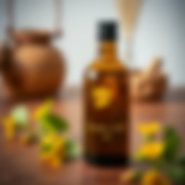 A bottle of St. John's Wort oil placed on a wooden surface