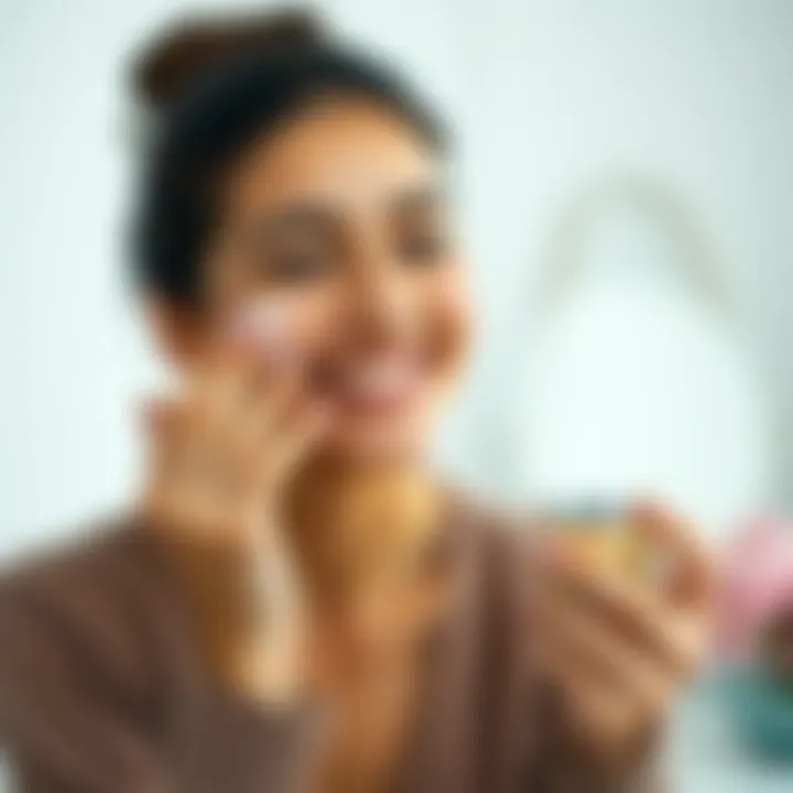 Woman applying cream to her cheek, smiling in a soft-lit environment